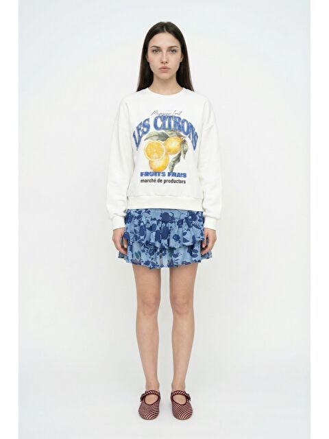 QUZU Çiçek Desenli Volanlı Mini Etek Mavi - S000515685-17234