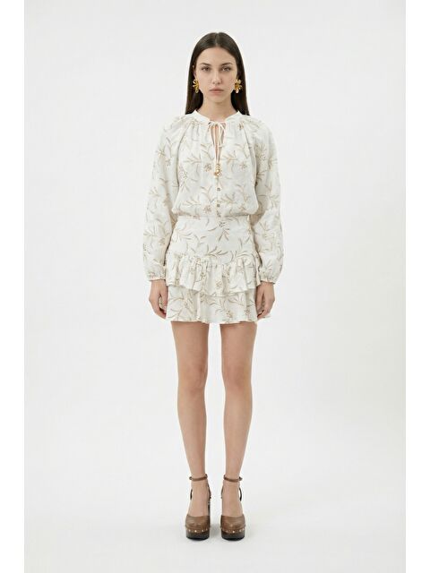 QUZU Çiçek Nakışlı Fırfırlı Mini Etek Ekru - S000515684-19965