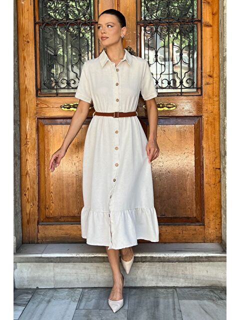 Gülseli Boydan Düğmeli Kemerli Keten Elbise - S000402214-25636