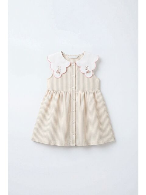 Magu Kız Çocuk Pamuklu Ekru Bej Çizgili Tavşan Nakışlı Yakalı Elbise
