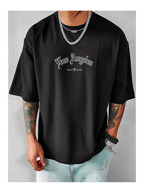 Trendseninle Siyah Los Angeles Forever Freedom Baskılı Oversize Erkek Kısa Kollu Tişört - S000207034-19351