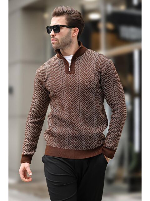 Madmext Kahverengi Fermuar Yaka Uzun Kollu Desenli Örme Kazak E7287 - S000292582-19413