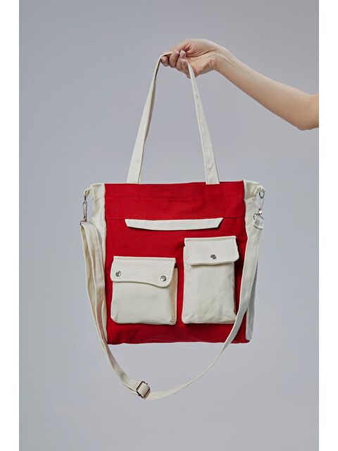 Bagg Kanvas Ön Cepleri Çıtlı Çanta (Kırmızı-Ekru) - S000362312-20045