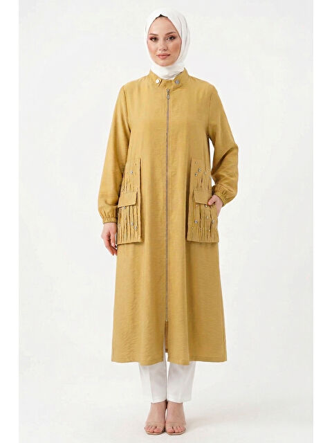 Remsa Yakası Çıt Çıt Detaylı ve Kraşlı Sfari Kap Ceket 817 Sarı