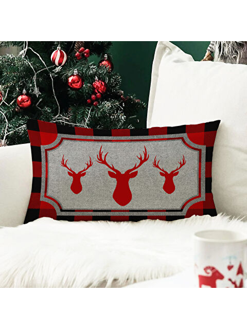Evmila Yılbaşı Temalı Geyik Desenli Kadife Kırlent Kılıfı 35x55 cm - S000285316-23173