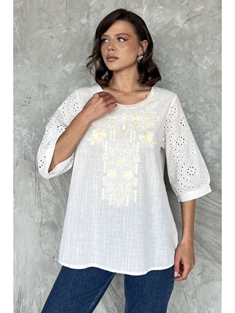 Gülseli Kadın Nakışlı Keten Bluz - S000402217-19966