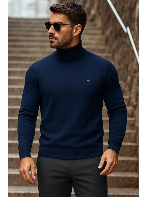 Comstar Erkek Kışlık Basic Uzun Boğazlı Lacivert Kazak