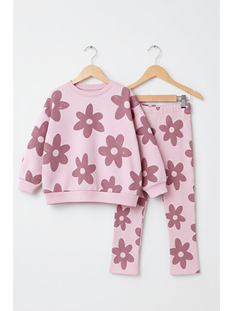 My Kids Wear Kız Çocuk Çiçek Desenli 2’li Sweat & Fitilli Tayt Takım 2-10 Yaş 12361 - S000487226-7152