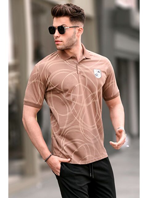 Madmext Kahverengi Desenli Polo Yaka Tişört 5873