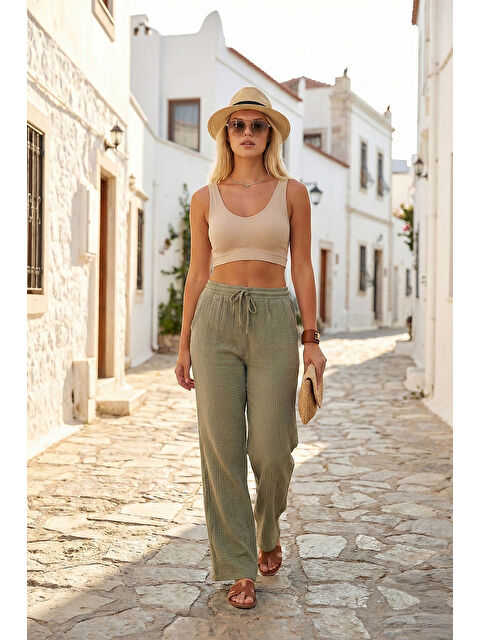 Lela Pamuklu Comfort Fit Yüksek Bel Geniş Paça Kadın Pantolon 668YP5540 - S000515689-26818