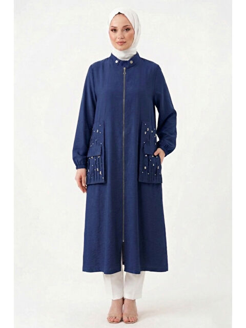 Remsa Yakası Çıt Çıt Detaylı ve Kraşlı Sfari Kap Ceket 817 Lacivert