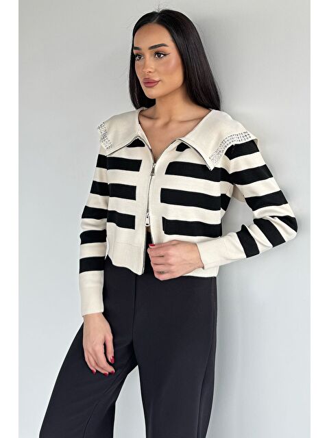Gülseli Yaka Detaylı Çizgili Triko Hırka (s,m,l Uyumludur) - S000445937-19966