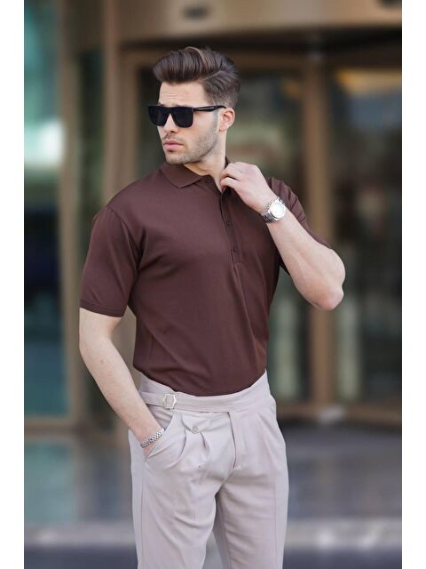 Madmext Kahverengi Erkek Polo Yaka Düz Tişört 6878 - S000423975-19413