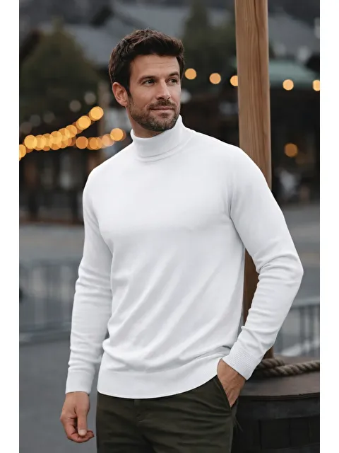 Comstar Erkek Günlük Dar Beyaz Tam Balıkçı Yaka Kazak