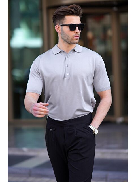 Madmext Gri Erkek Polo Yaka Düz Tişört 6878 - S000423975-20600