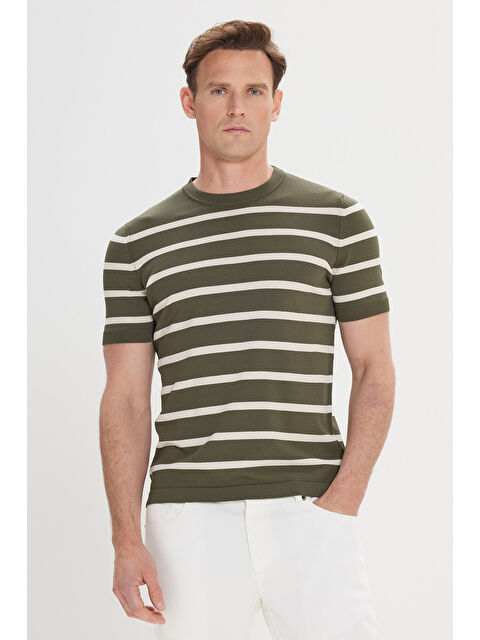 AC&Co / Altınyıldız Classics Erkek Haki-Ekru Yumuşak Dokulu Normal Kesim Bisiklet Yaka Çizgili Triko Tişört - S000512382-37303