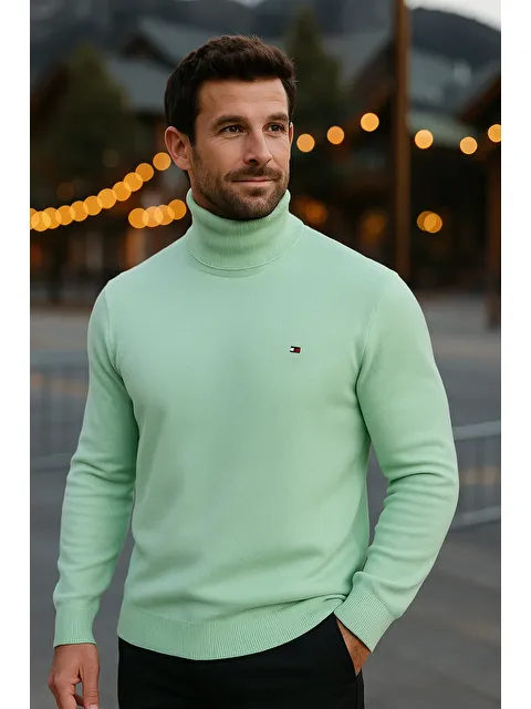 Comstar Erkek Günlük Dar Mint Tam Balıkçı Yaka Kazak