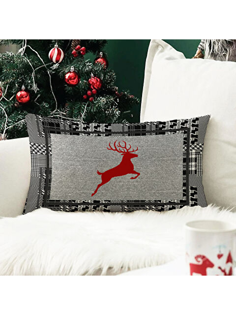 Evmila Yılbaşı Temalı Geyik Desenli Kadife Kırlent Kılıfı 35x55 cm - S000285317-23173