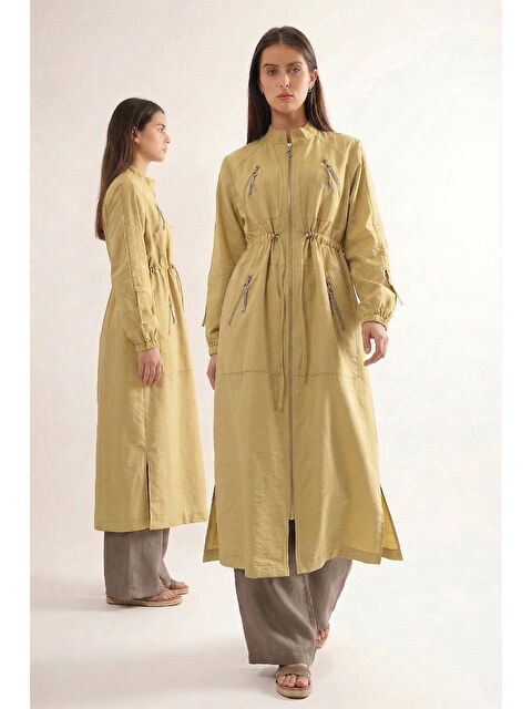 Remsa Hakim Yaka Beli Büzgülü Önden Fermuar Detaylı Safari Kap Ceket 822 Sarı