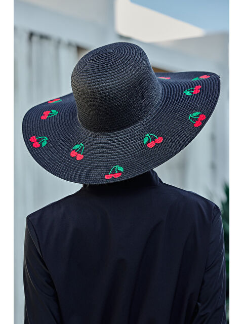 Remsa Mayo Kiraz Nakışlı Hasır Şapka Plaj Şapkası 2115 Siyah - S000443017-19351