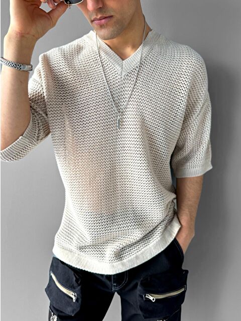 Abluka Online Erkek Oversize Bol ve Rahat File Tişört Bej - S000144343-19928