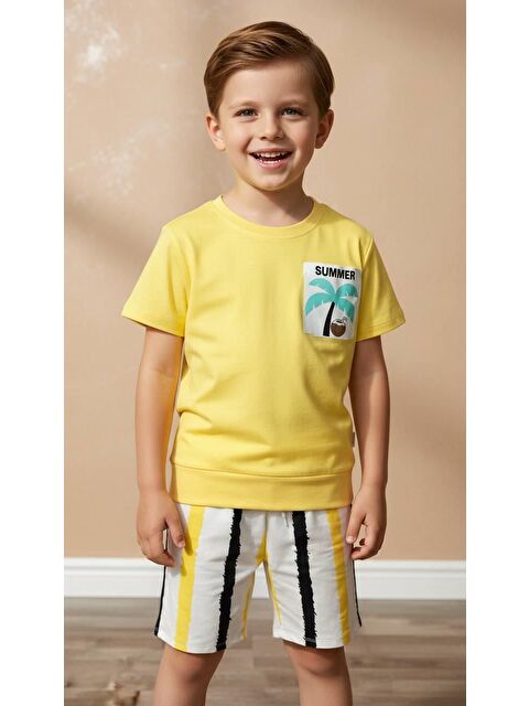 Monila Erkek Çocuk Sarı Palmiye Baskılı Çizgili Şortlu Altüst Takım - S000515695-20072