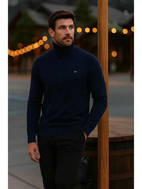 Comstar Erkek Günlük Dar Lacivert Tam Balıkçı Yaka Kazak