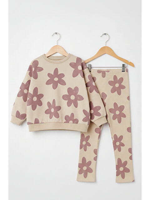 My Kids Wear Kız Çocuk Çiçek Desenli 2’li Sweat & Fitilli Tayt Takım 2-10 Yaş 12362 - S000487226-19928