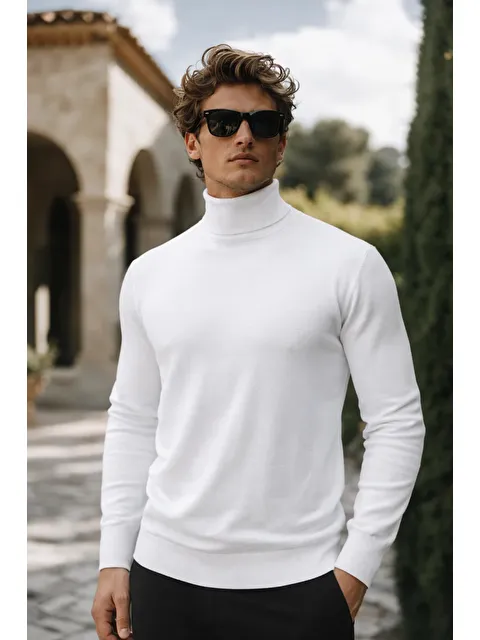 Comstar Erkek Kışlık Slim Fit Beyaz Kazak