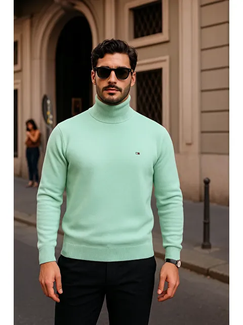 Comstar Erkek Kışlık Basic Slim Fit Uzun Mint Kazak