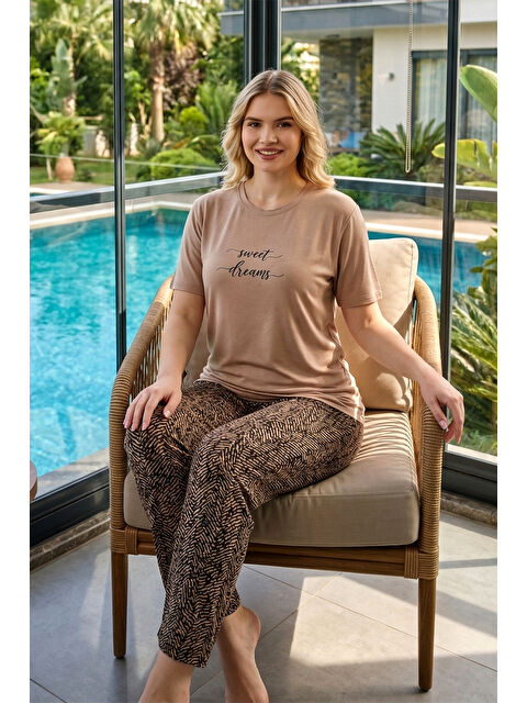 Remsa Kadın Desenli Kısa Kol Saphire Pijama Takımı 0638 Kahverengi01