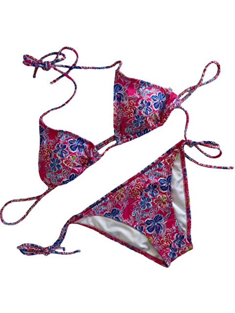 Hazelin Kadın Pembe Çiçek Desenli Boyundan İp Bağlamalı Üçgen Bikini Takımı HZL25S-LC5005 - S000390228-37373