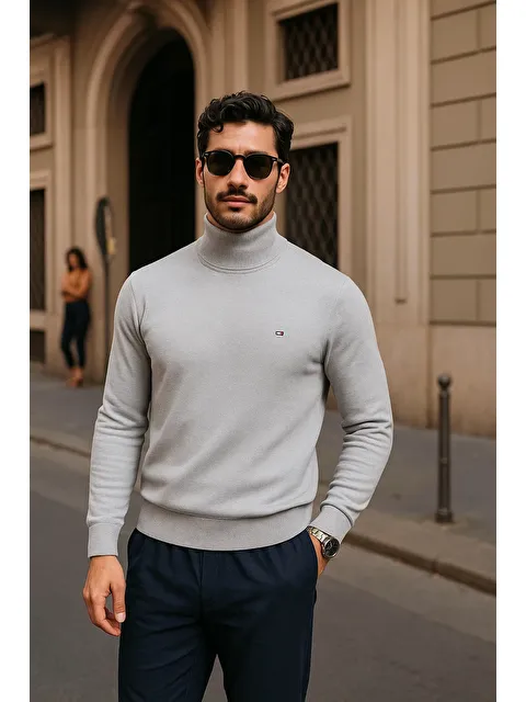 Comstar Erkek Kışlık Basic Slim Fit Uzun Gri Kazak