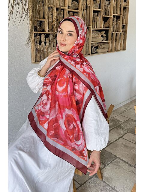 Lamelif Çiçek Desen Pamuk Şal Bordo - S000529597-19951