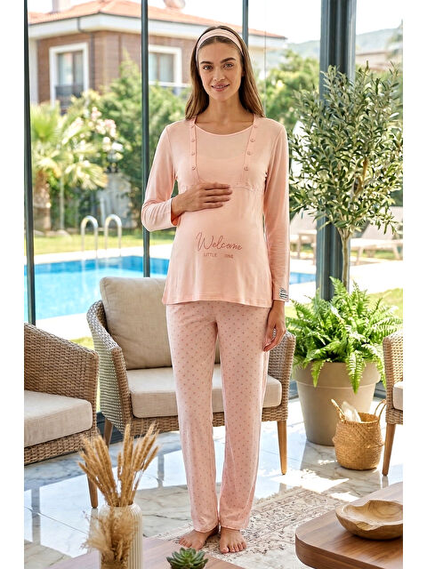 Remsa Hamile Kadın Modal Kumaş Uzun Kol Lohusa Pijama Takımı 3322 Pudra