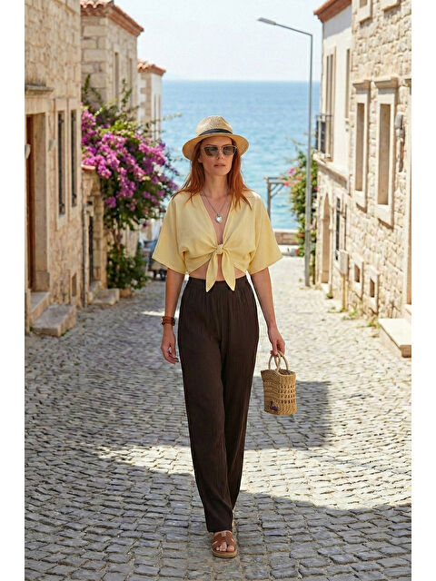 Lela Pamuklu Comfort Fit Yüksek Bel Geniş Paça Kadın Pantolon 668YP5540 - S000515689-19413