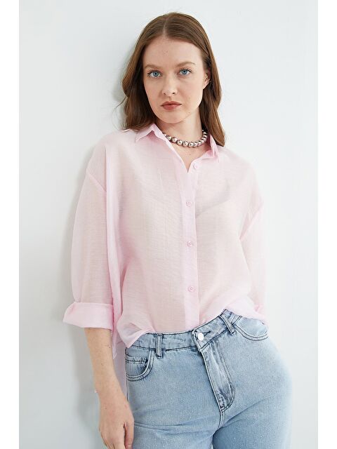 Fullamoda Jakarlı Düğmeli Transparan Gömlek