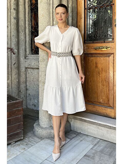 Gülseli Kadın Kemerli Boydan Düğmeli Keten Elbise - S000402223-25636