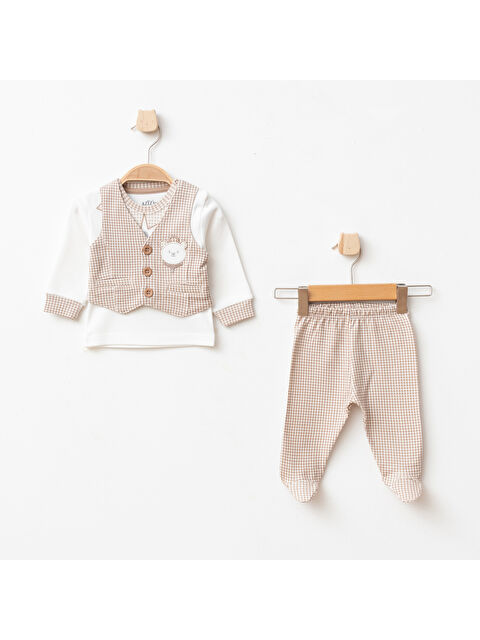 AZİZ BEBE Erkek Bebek Ayı Nakışlı Sweatshirt Yelek Pantolon 3 'lü Alt Üst Bebek Takımı 0 Ay - 6 Ay - S000510619-19928