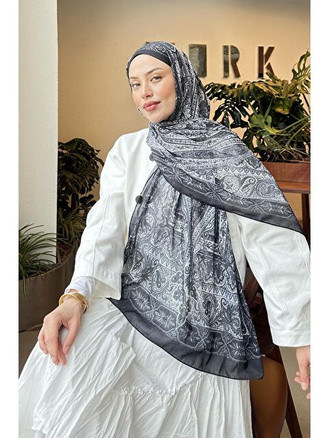 Lamelif Retro Desen Pamuk Şal Antrasit - S000529595-29666