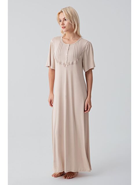 Artış Kısa Kollu Düğmeli Uzun Esnek Viskoz Gecelik 19109