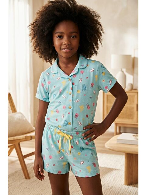 Katia And Bony Kız Çocuk Sea La Vie Denizaltı Desenli Düğmeli Şortlu Pijama Takımı Mavi - S000511481-17234
