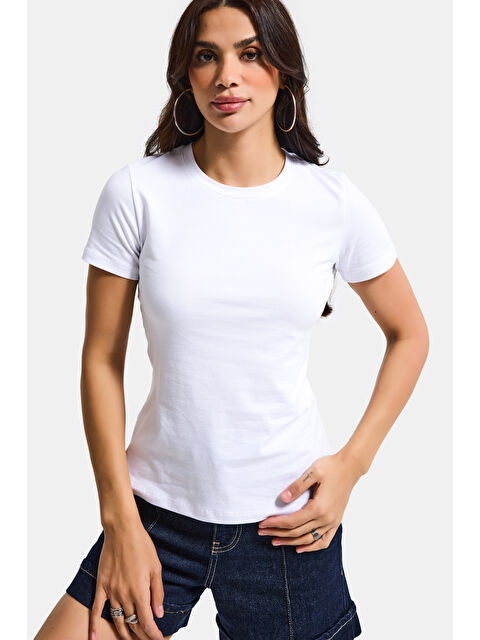 It's Basic Kadın Beyaz s6-2 Bisiklet Yaka %100 Organik Pamuk Esnek Kumaş T-Shirt