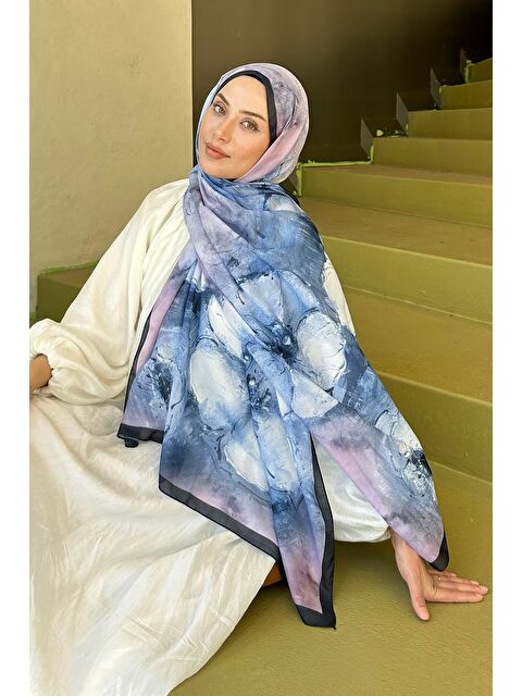 Lamelif Bohem Çiçek Desen Soft Şal Lacivert - S000529600-21164