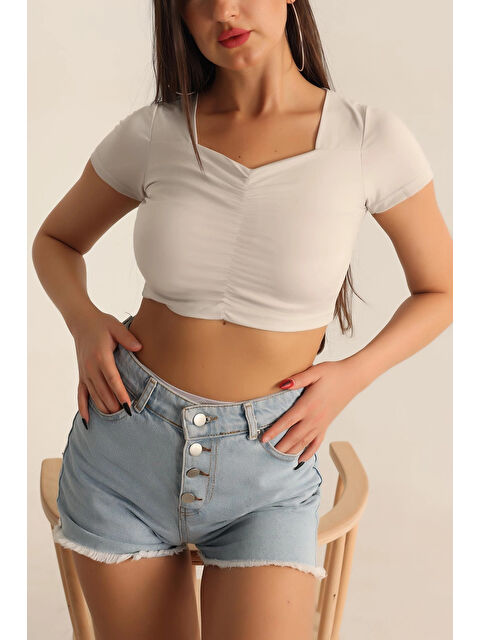 Hazelin Kadın Taş Kare Yaka Ön Büzgülü Crop Bluz HZL23S-SND120151 - S000443019-25636