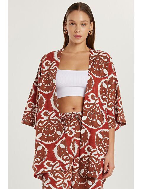 TUDORS Kadın Relax Fit Rahat Kesim V Yaka Geniş Kollu Baskılı Kimono - S000523252-23173