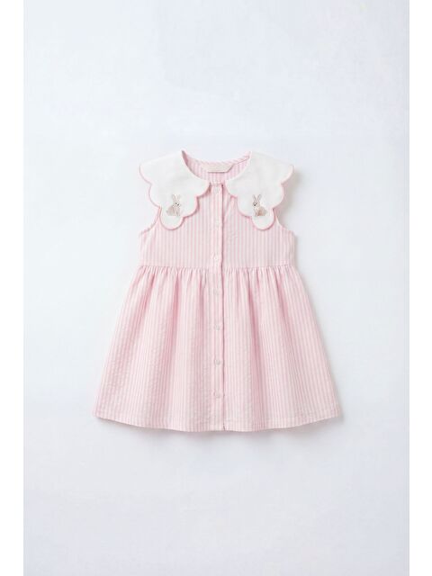 Magu Kız Çocuk Pamuklu Pembe Çizgili Tavşan Nakışlı Yakalı Elbise