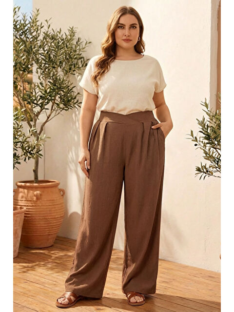 Stil Diva Büyük Beden Pileli Cepli Geniş Paça Esnek Kumaşlı Pantolon 875-V - S000501761-19413