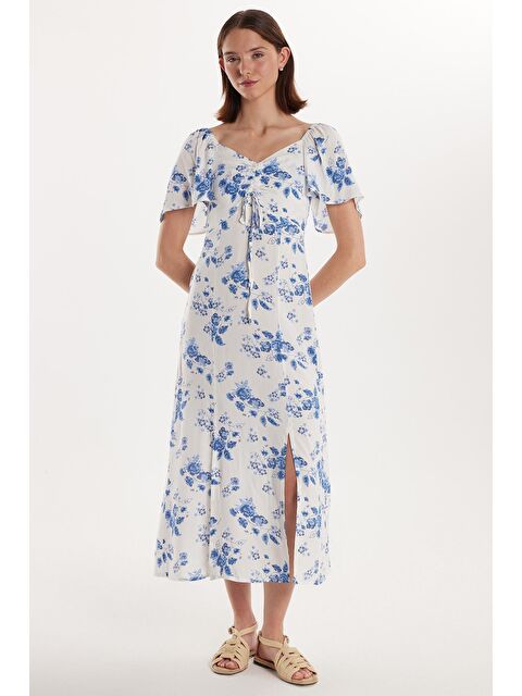 TUDORS Kadın Standart Fit Bağlama Detaylı Desenli Viskon Yırtmaçlı Elbise - S000520598-23173