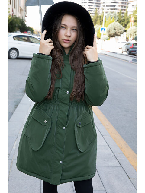 Bilen Kids Haki Cep Detaylı İçi Kürklü Çıkarılabilir Kapüşonlu Kız Çocuk Şişme Mont 21335 - S000425200-18547